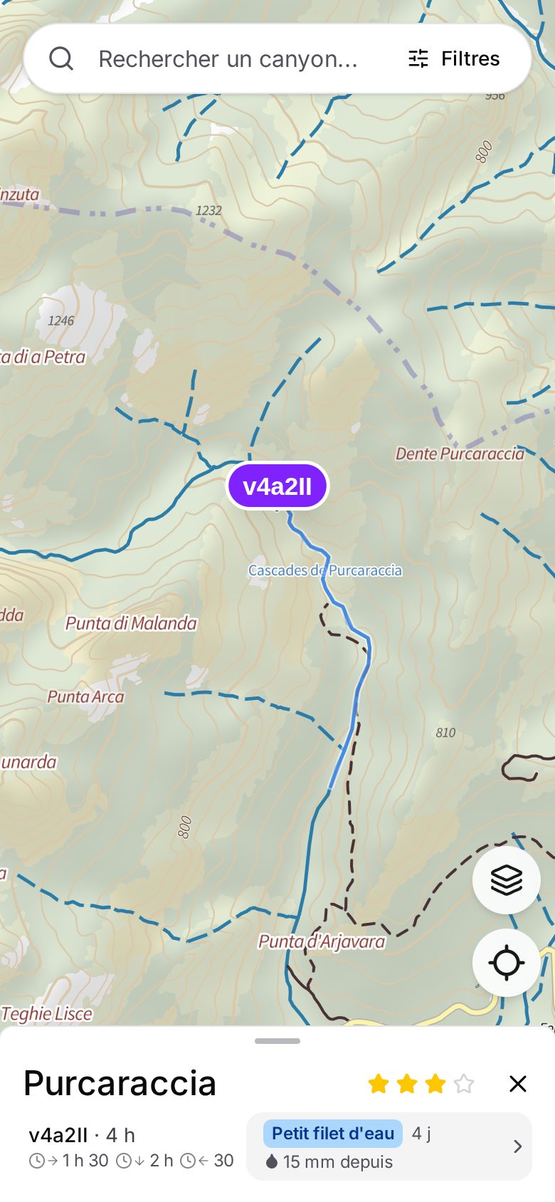 Canyon Map on your phone: the Purcaraccia canyon, a blue dot where you hang